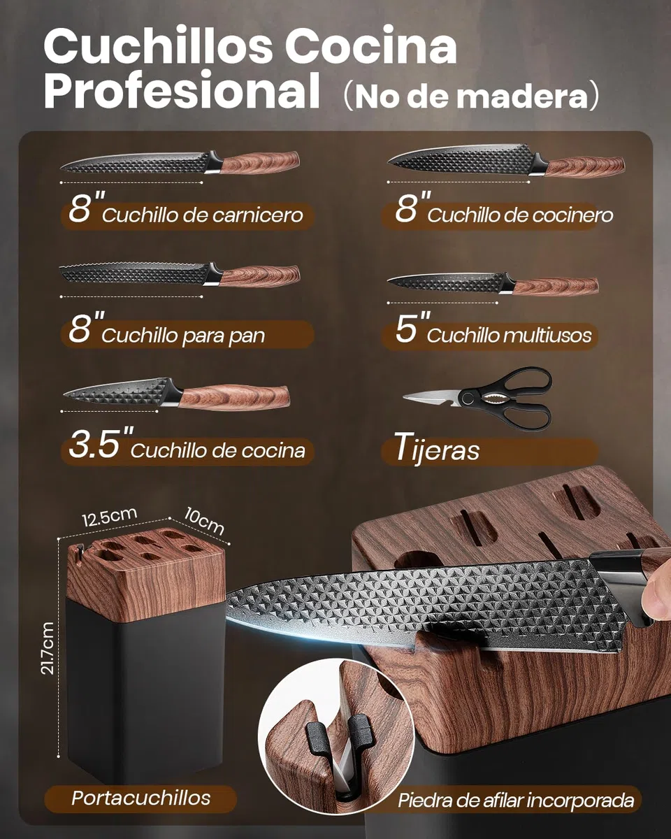 Set Cuchillos Cocina, 7 Piezas Juego de Cuchillos de Cocina con Bloque, Acero Inoxidable Alemán y Mangos Ergonómicos, Juego Cuchillos Cocina Profesional Para Uso Doméstico（No de Madera）