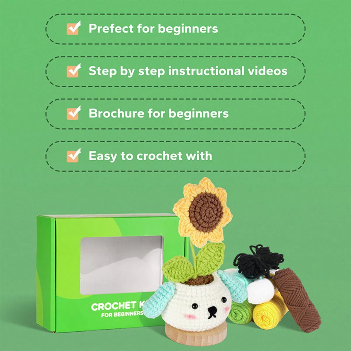 RoseFlower crochet kit principiantes, paquete de 4 plantas en maceta, kits de inicio de crochet con videotutoriales paso a paso, kit de animales de crochet para tejer a mano para adultos