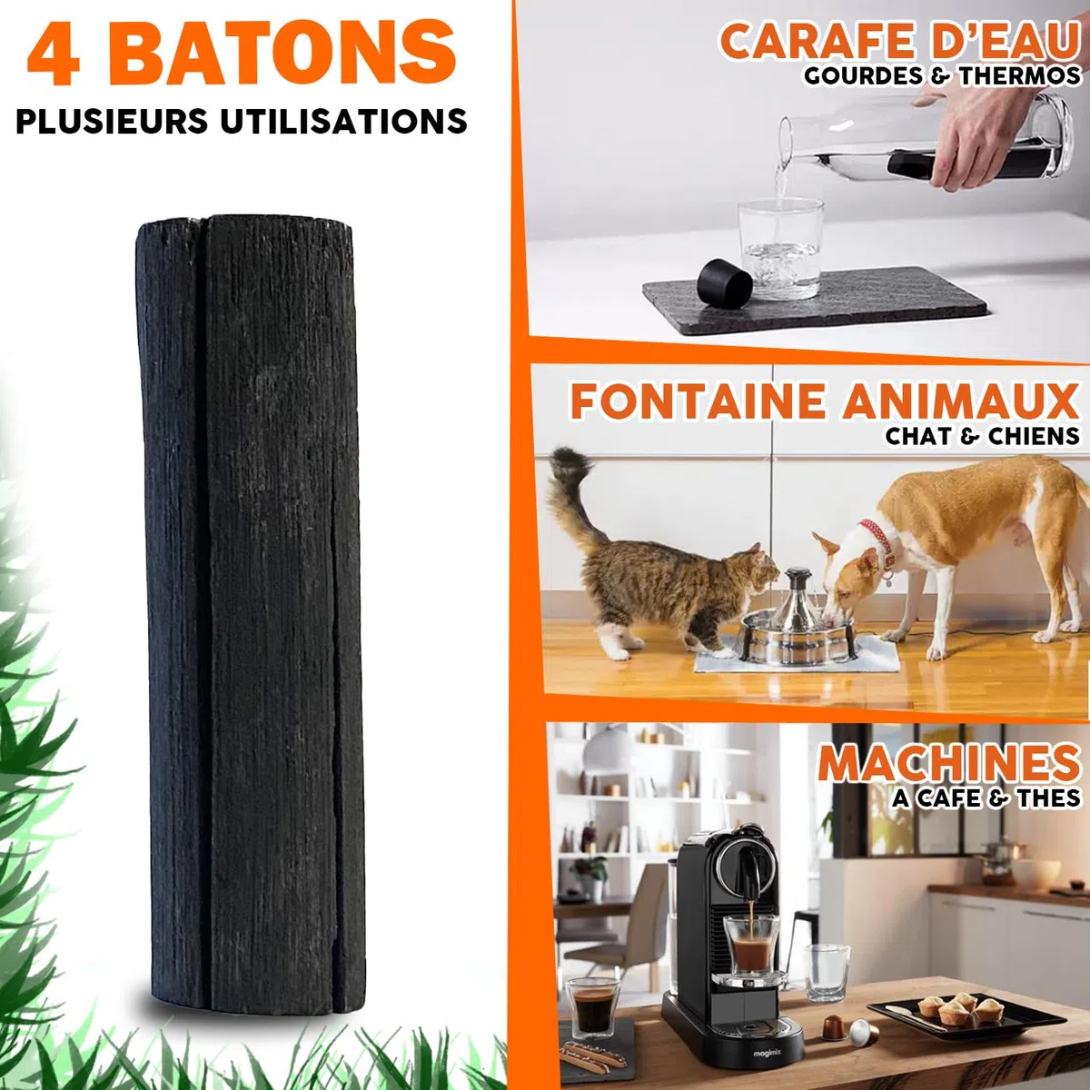 Carbón activo agua x4 Bastón Binchotan de Gran Calibre - Filtro de Agua Purificador de Carbón Activo de Madera Vegetal Orgánica - Recarga para Jarra Filtrante, Purificador de Agua de Grifo, Botella