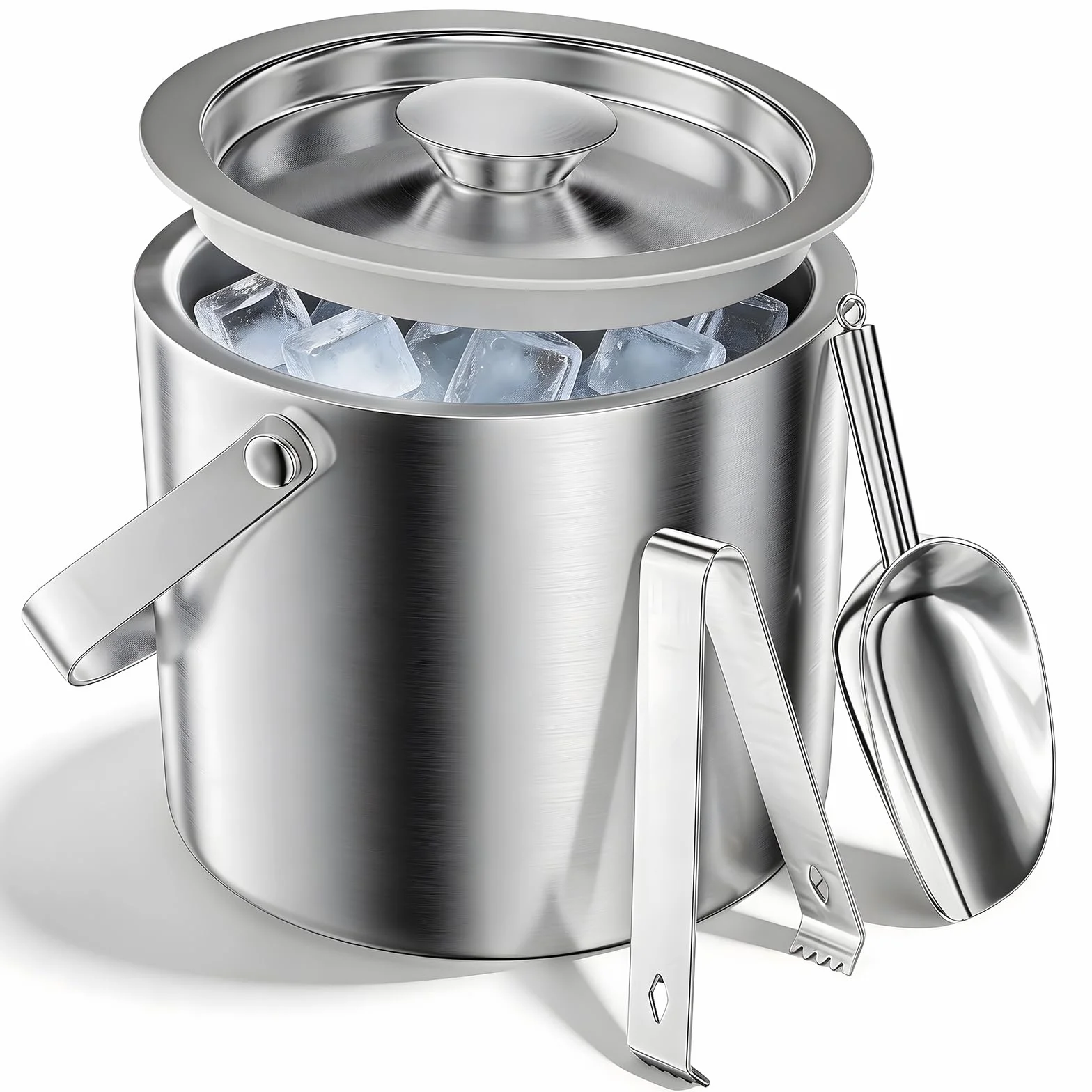 3L Cubiteras para Hielo con Tapa de Acero Inoxidable, Cubitera para Hielo Grande de Doble Pared con Pinzas y Scoop, Cubo de Hielo Aislante para Botella Bar, Cumpleaños, Fiestas de Picnics