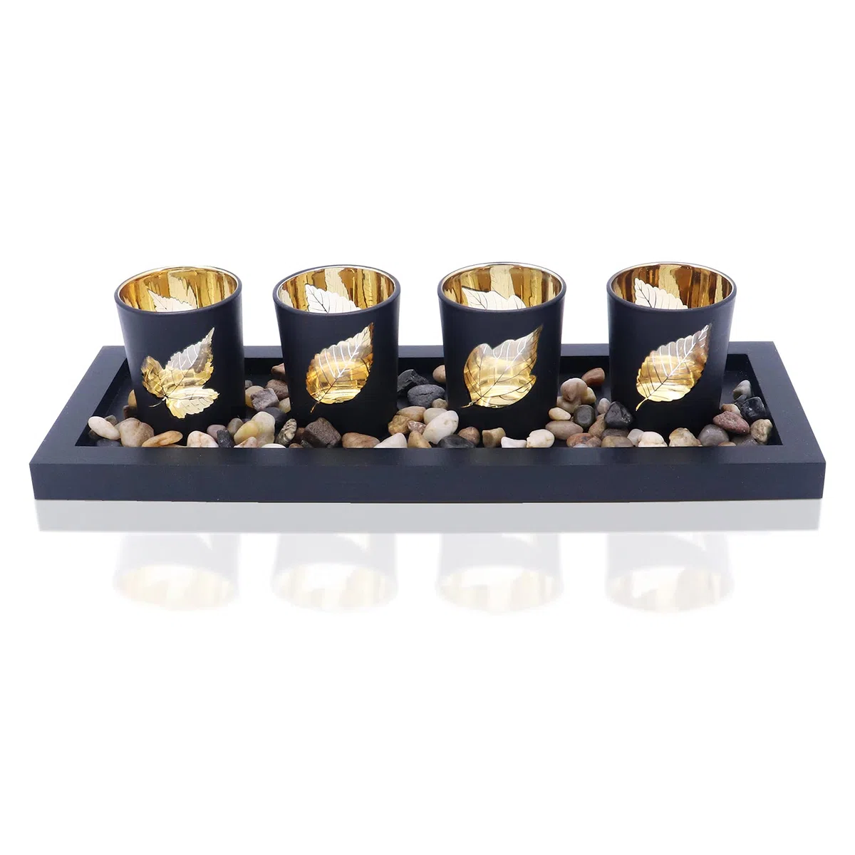 Juego de 4 portavelas de cristal, piedras naturales y bandeja de madera para decoración de mesa (hojas)
