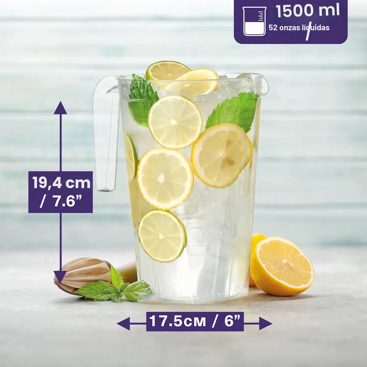 MATANA 6 Jarras de Plástico Transparente, 1,5L - Cócteles, Limonada, Ponche, Sangría, Cervezas y Más - Cumpleaños, Bodas, Navidad, Picnics, Barbacoas, Fiestas - Resistentes y Reutilizables
