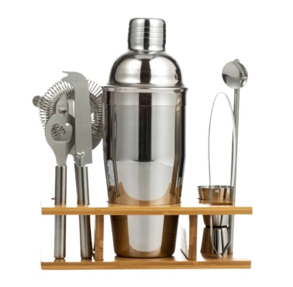 Juego de Cocktail Shaker Coctelera Negra con Elegante Soporte De Bambú, Juego De Herramientas De Barra De 9 Piezas con Folleto De Recetas Coctelera Profesional Herramientas (Color : A, Size : 750ml