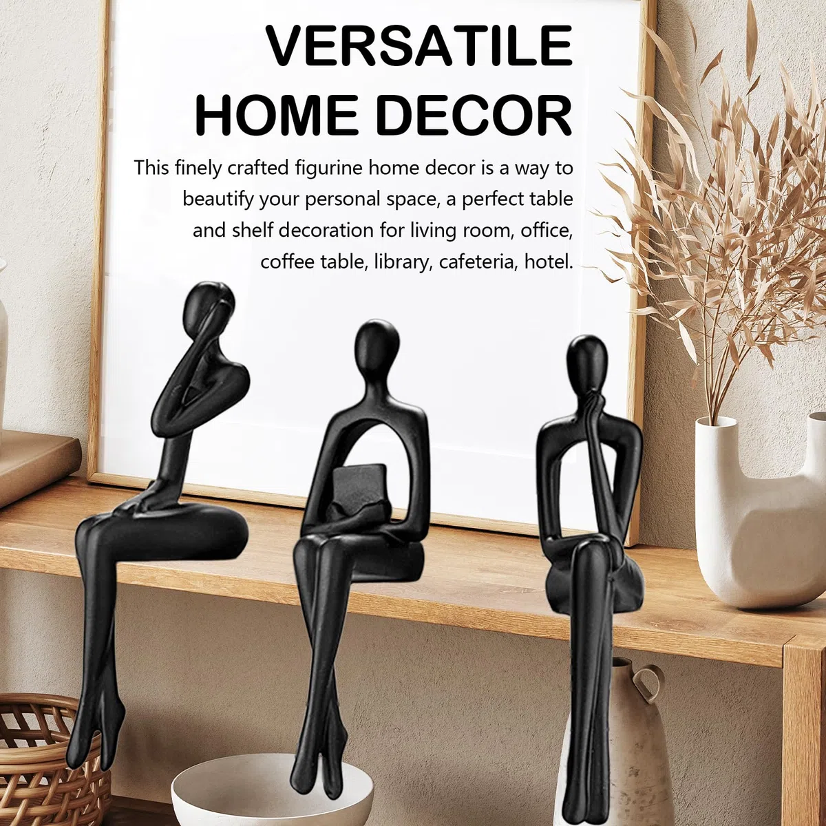Negro Estatuas De Pensador, 3PCS Escultura De Pensador Figuras Decorativas De Arte Abstracto Estatuas Decoración Versátil Esculturas De Resina Modernas De Estar Oficina Estantería Dormitorio