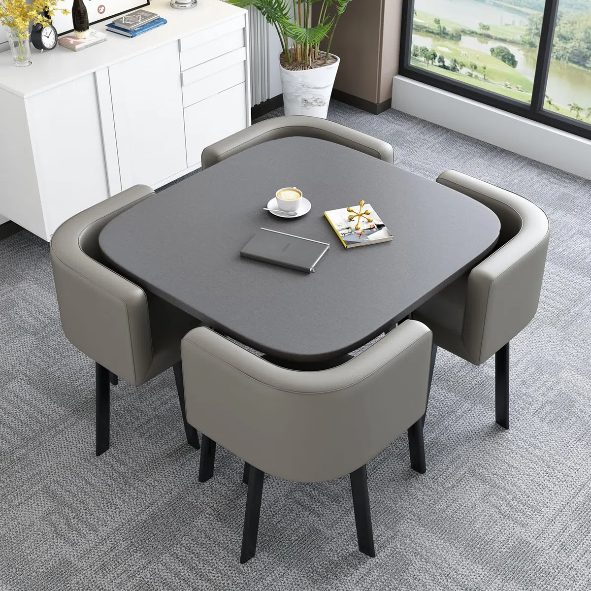 Juego de mesa auxiliar que ahorra espacio para salas de conferencias de negocios, mesa de reuniones gris claro con sillas, ideal para oficinas y reuniones pequeñas, perfecta para negociaciones y