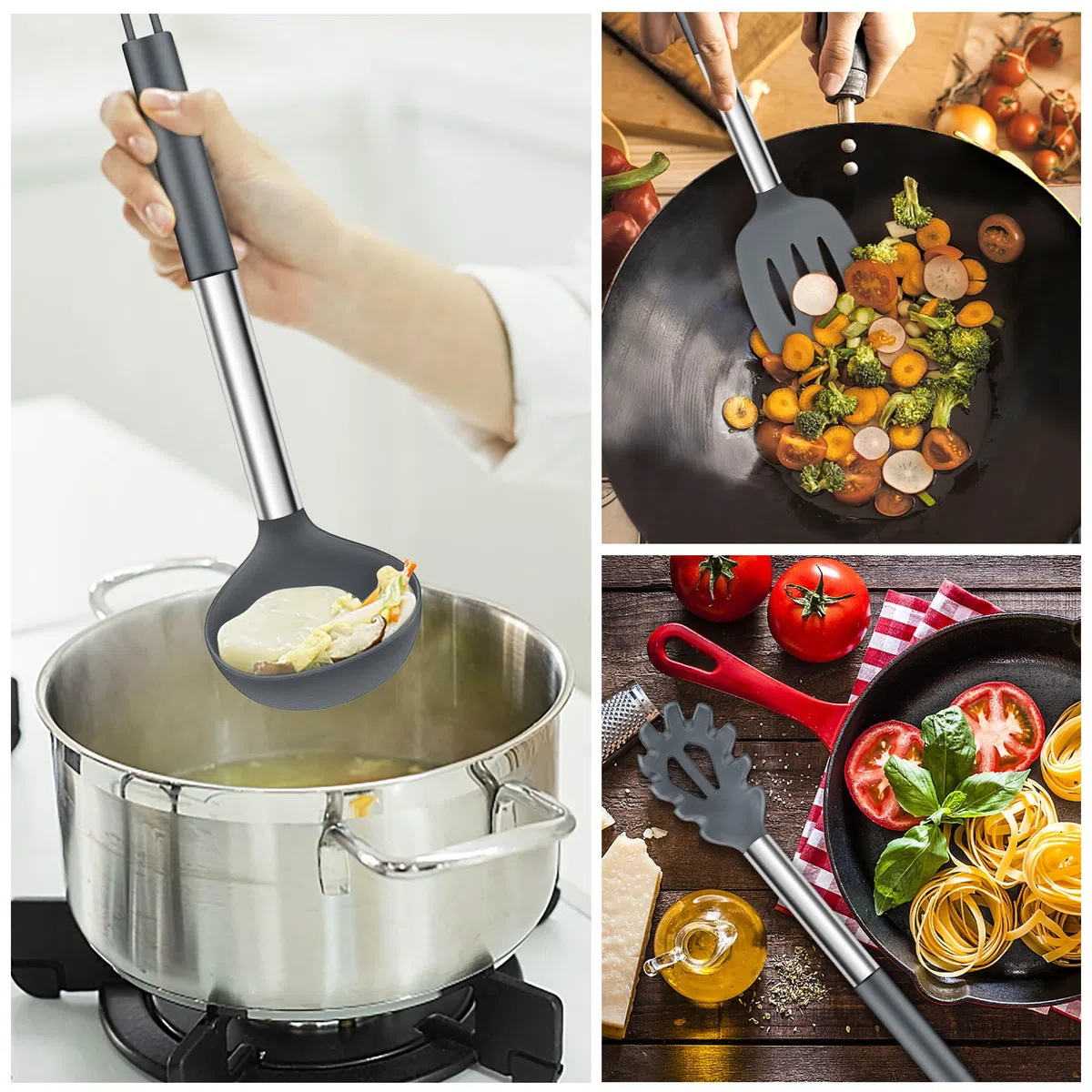 Herogo Juego de 6 utensilios de cocina de silicona, color gris, mango de acero inoxidable, resistente al calor, antiadherente, incluye pinzas, volteador, espátula, regalo ideal