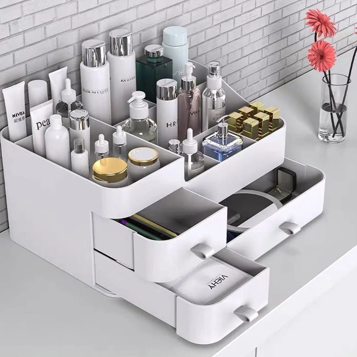 Queta Blanco Organizador de Maquillaje, se Adapta a Joyas, cepillos, Barras de Labios y cremas, Almacenamiento de Cosméticos con con 3 cajones y 8 cuadrículas