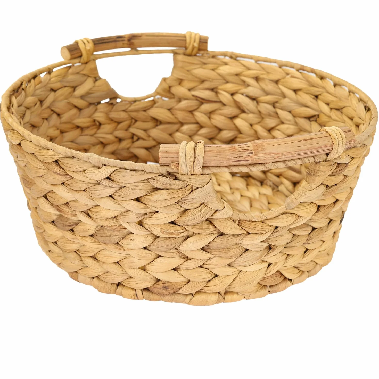 Cesta de almacenamiento redonda HMF, cesta de regalo vacía trenzada de jacinto de agua con asas de madera 30 x 12 cm