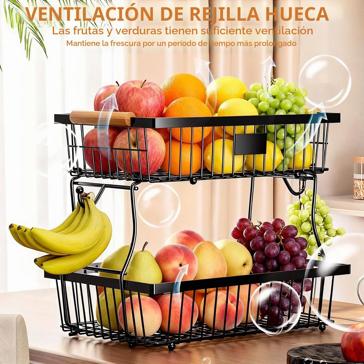 Frutero 2 Pisos, Fruteros de Cocina, Diseño Desmontable, Frutero para Guardar Fruta y Verdura (Negro)