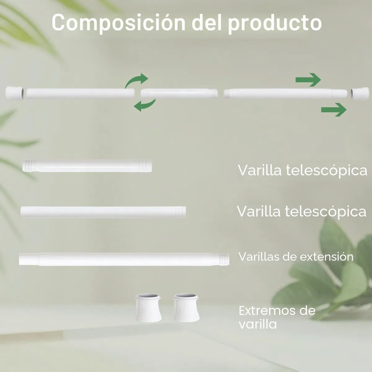 Barra para cortinas sin taladrar telescópica ajustable giratoria Ajustable, para cortinas, tabiques y balcones 1 pieza 75-145 cm Blanco