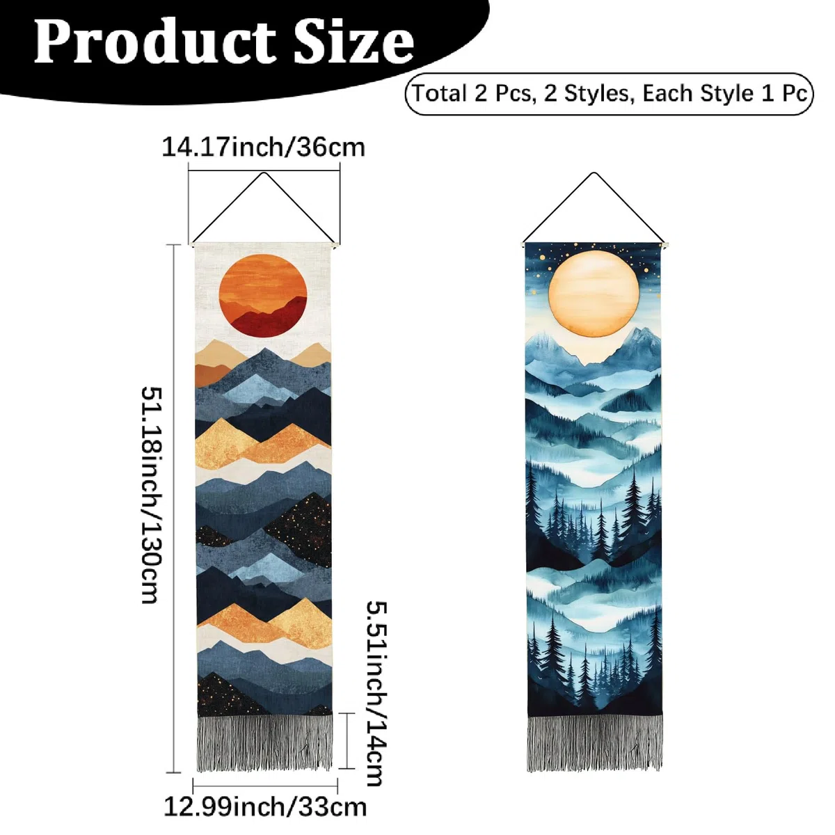 PRESSINART 2 piezas 2 estilos Tapiz Largo Boho Vertical Luna Montaña Tapiz Bosque Árbol Estética Naturaleza Paisaje Arte Borlas Negras Colgante de Pared para Decoración de Dormitorio Sala de Estar