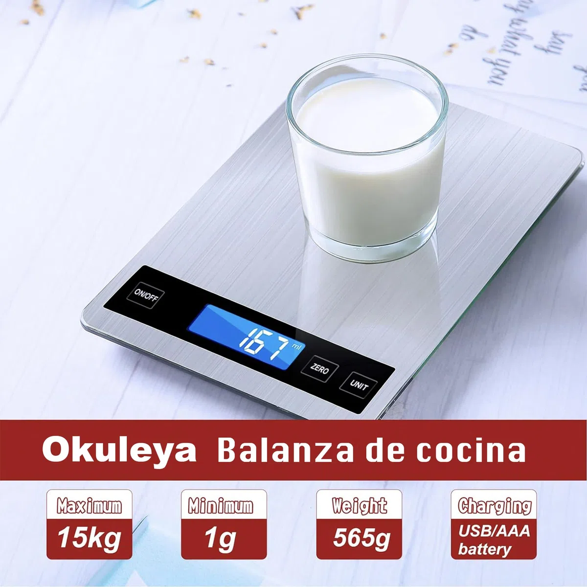 Báscula de cocina, 33 lb/15 kg, báscula digital de cocina con pantalla LCD + acero inoxidable + vidrio templado, precisión de hasta 1 g - g/kg/lb:oz/ml/fl'oz - TYPE-C o funciona con pilas