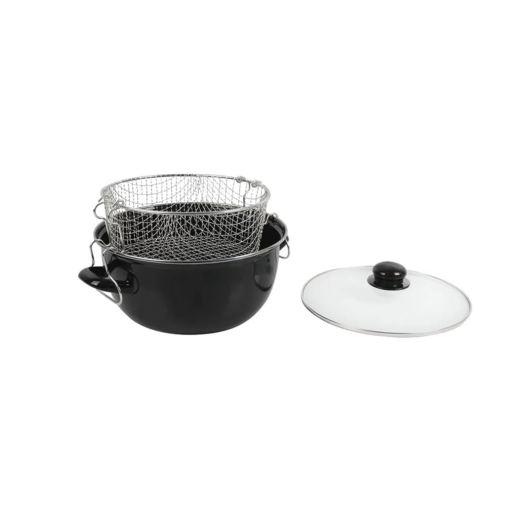 Crealys 545412 - Freidora tradicional de acero esmaltado (20 cm de diámetro, incluye cesta estañada + tapa de cristal, incluye inducción