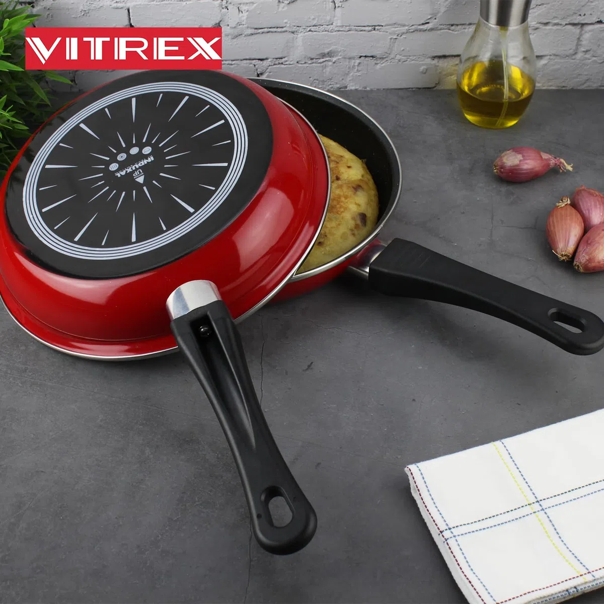 VITREX Marseille Duo - Sarten Duo Roja para Tortillas 24cm + Taper, Acero Vitrificado, Antiadherente Bicapa, Todo Tipo de Cocinas, Inducción