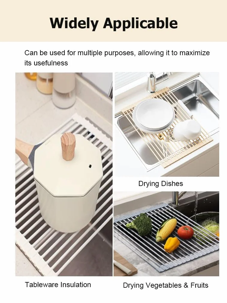 Escurridor de platos enrollable multiusos, escurridor de cocina plegable para colocar sobre el fregadero, barra de acero inoxidable con cubierta de silicona completa, escurridor antideslizante para e