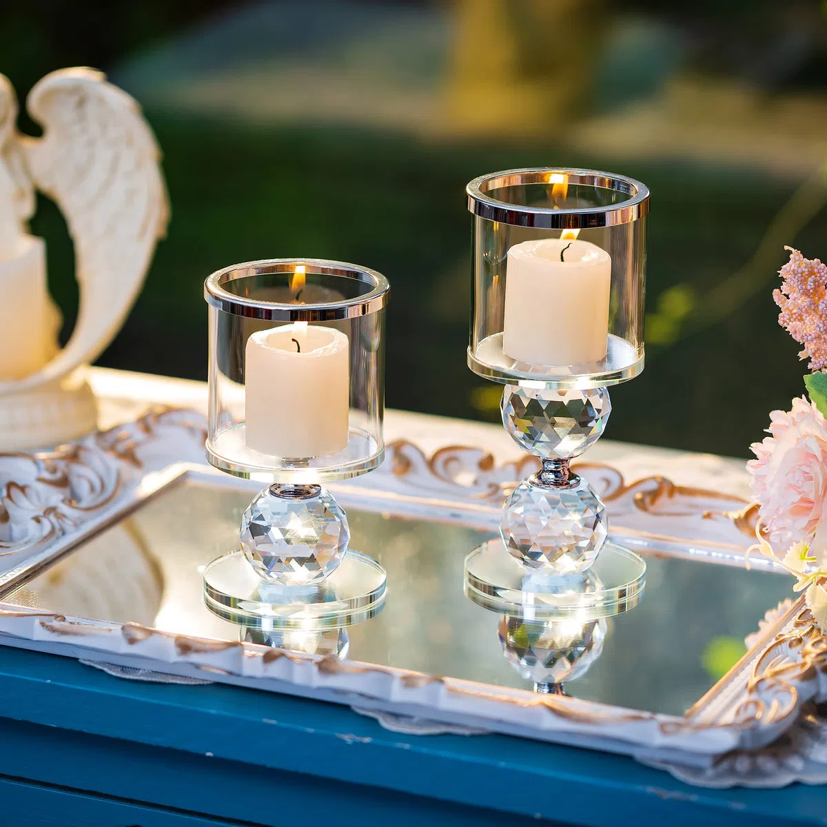 Sziqiqi Portavelas de Columna de Cristal, 2 Piezas de Candelabros de Vidrio Transparente, Velas para Candelabros Centro de Mesa para Regalos de Boda y Decoración Navideña, Plata