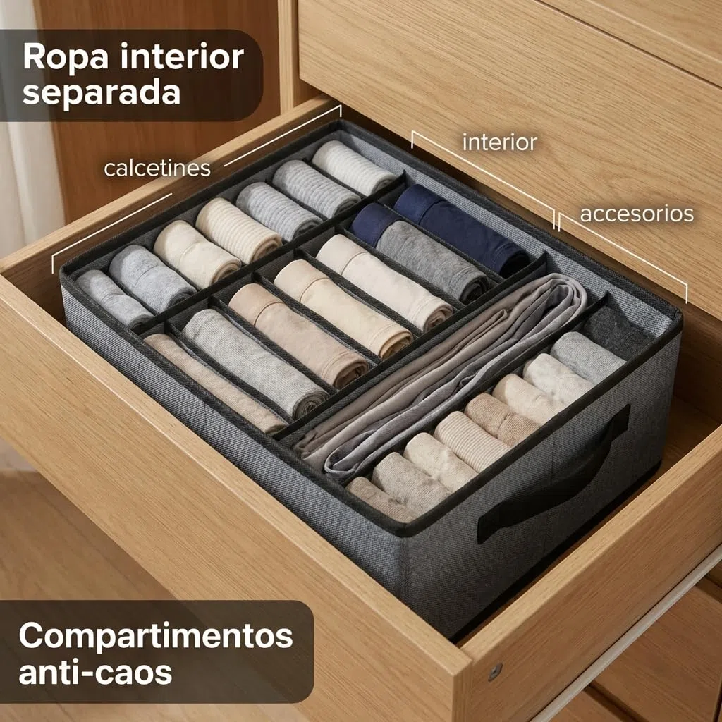 Pincho Organizador Armario, Cajas Almacenaje Ropa, Almacenamiento Hogar, Caja Almacenaje Tela con Asas Reforzadas, Organizadores de Cajones con Compartimentos - Pack 3 Plegables Gris (6)