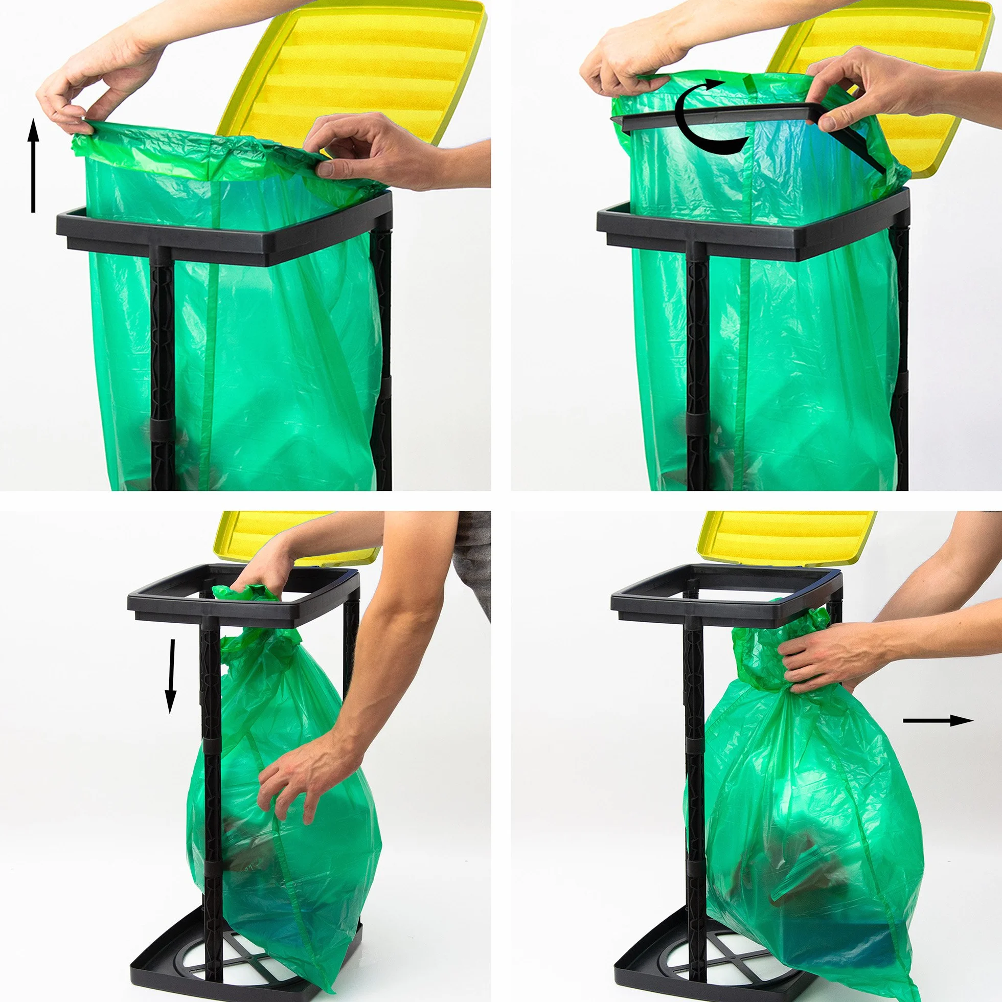Grizzly Portabolsas de basura, 3x cubo de basura con tapa amarilla, sistema enchufable de altura regulable con anillo de sujeción, para bolsas de basura de diferentes tamaños de 25-120 litros