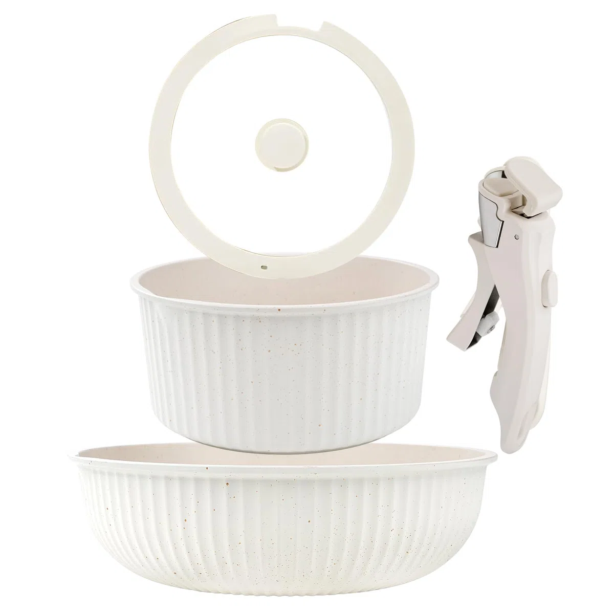 Juego de sartenes mango extraíble, 3 pcs sartenes cerámica sin tóxicos, revestimiento de piedra de trigo, aptos para inducción y horno, diseño apilable (blanco)