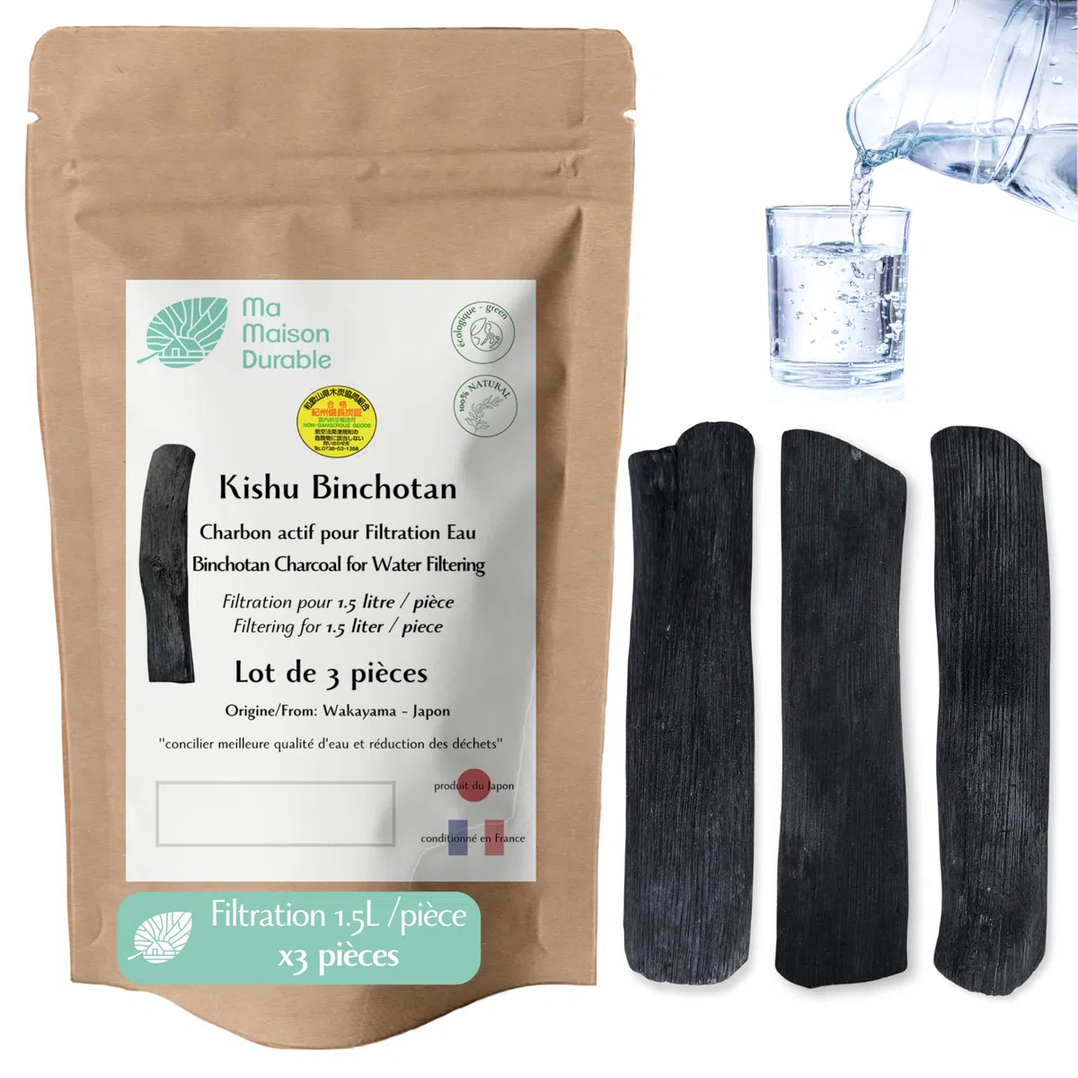 Filtro de agua de carbón activado | Palos japoneses de Binchotan X3 | Kishu Binchotan genuino | Carbón de roble de Wakayama| Filtro purificador de agua grifo 100% natural
