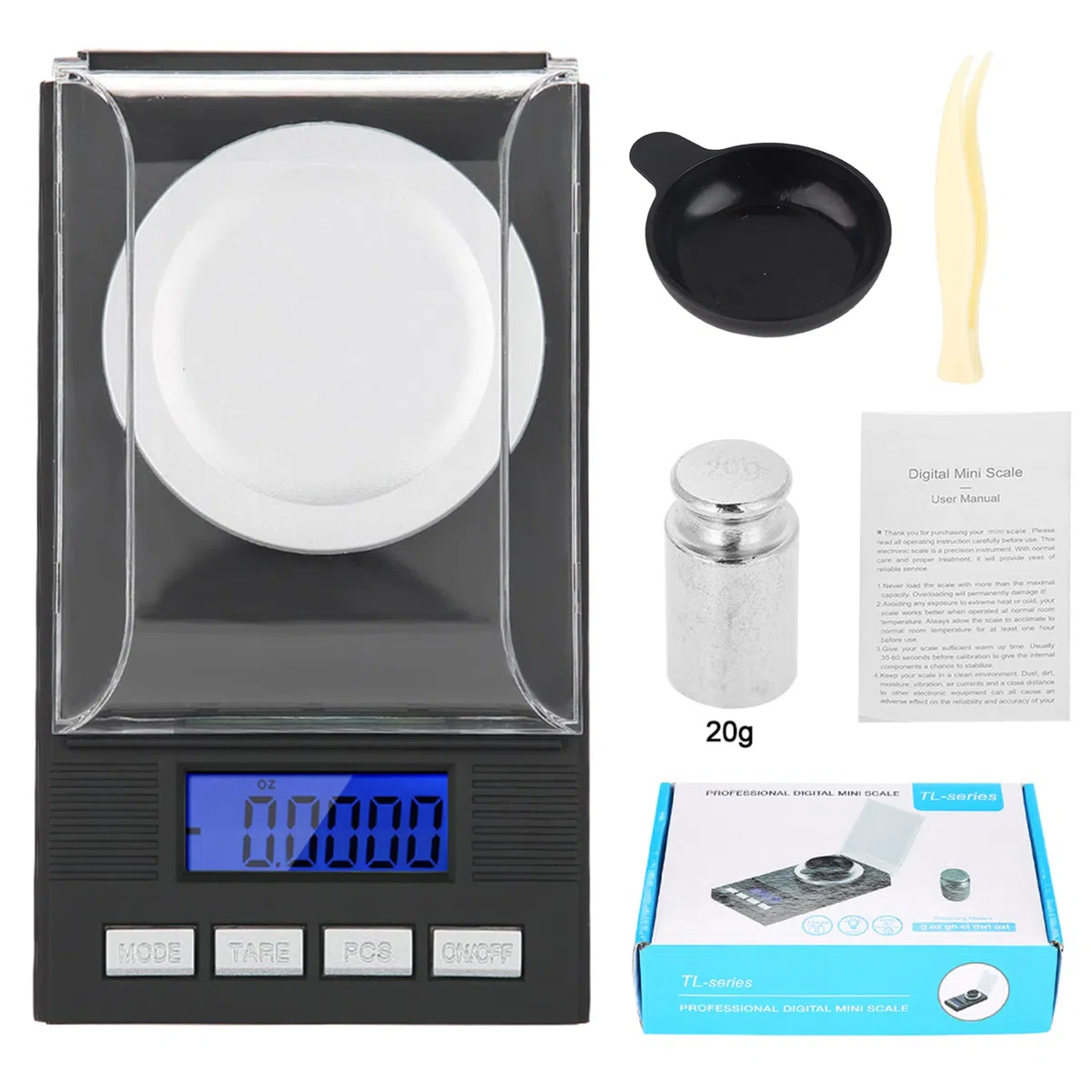 Báscula de Joyería 0.001g, Balanza de Bolsillo Portátil Mini, Pantalla LED con Luz Azul, Protector contra Viento, Tara, Conteo de Piezas, para Oro, Gemas, Hierbas (20g)