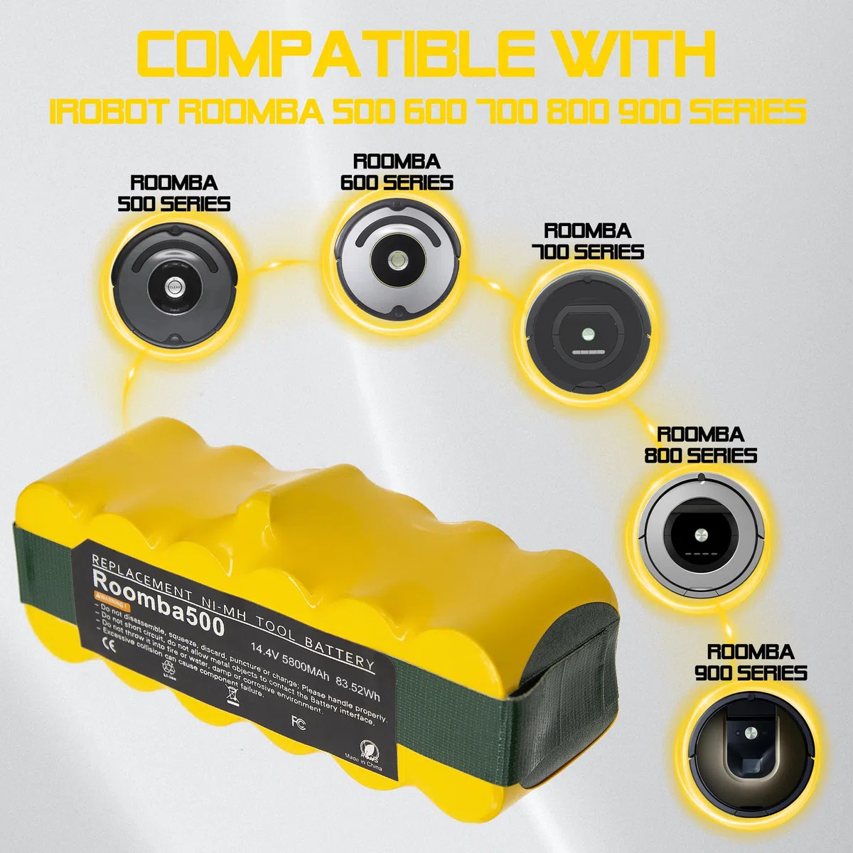 14,4V 5000mAh Batería para iRobot Roomba, Powtree NiMH Batería de Repuesto para Roomba R3 500 600 800 Series 510 530 532 535 540 550 560 562 570 580 620 630 650 660 760 760 790 780 880 900