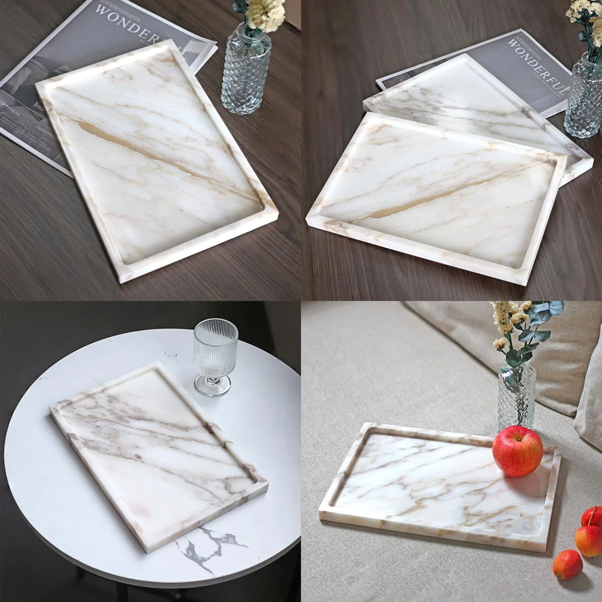 Bandeja de Servir de mármol 100% Natural, Bandeja de Almacenamiento de mármol de Viola de Calaccata para decoración del hogar, Bandeja de Piedra para baño/Cocina/tocador/Soporte de Platos para