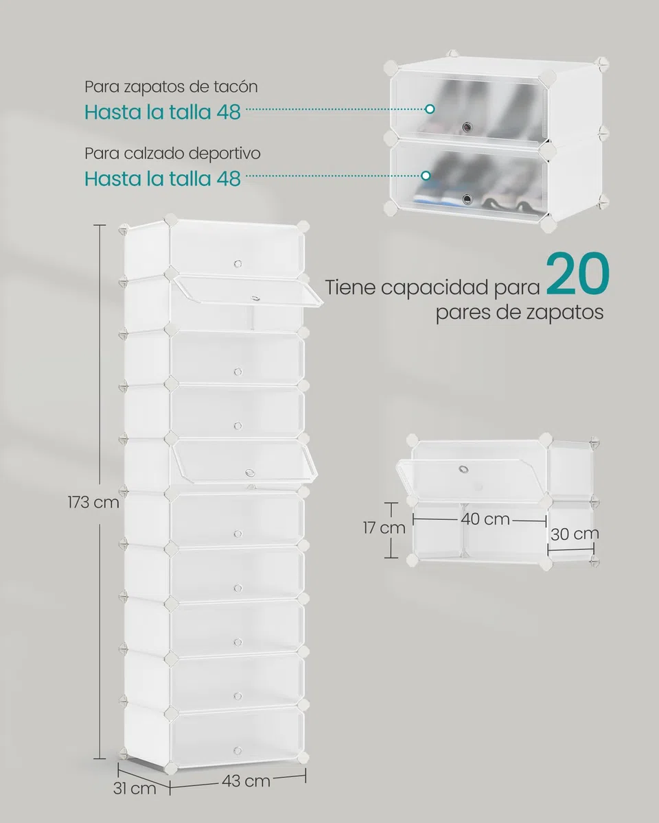 SONGMICS Zapatero Modular con 10 Compartimentos, Estantería Modular de Plástico, DIY, Zapatero con Puerta, con Martillo, Blanco LPC010WH01