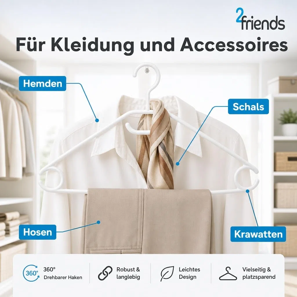 2friends 50 perchas de plástico blanco con ganchos giratorios, 41 cm de plástico blanco, 50 perchas fabricadas en la UE, material 100% reciclado, modelo Lea