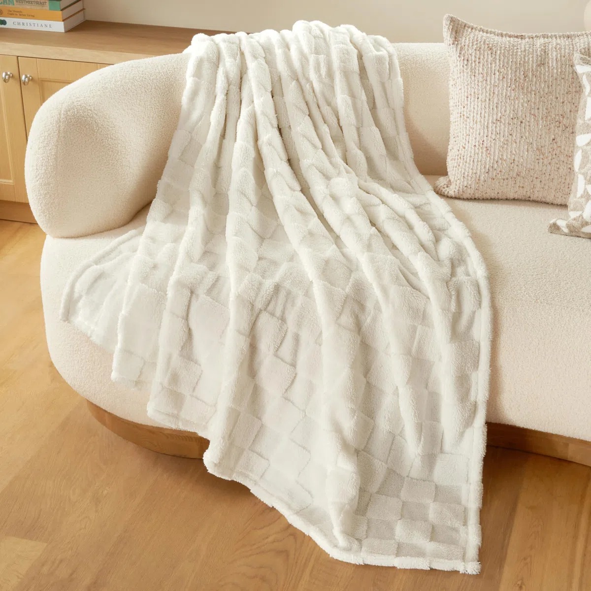 Joiedomi Manta Twin de Forro Polar Blanca a Cuadros, 152 x 203 cm, acogedora y Suave para Cama, Regalo para Mujeres, Madres y niñas