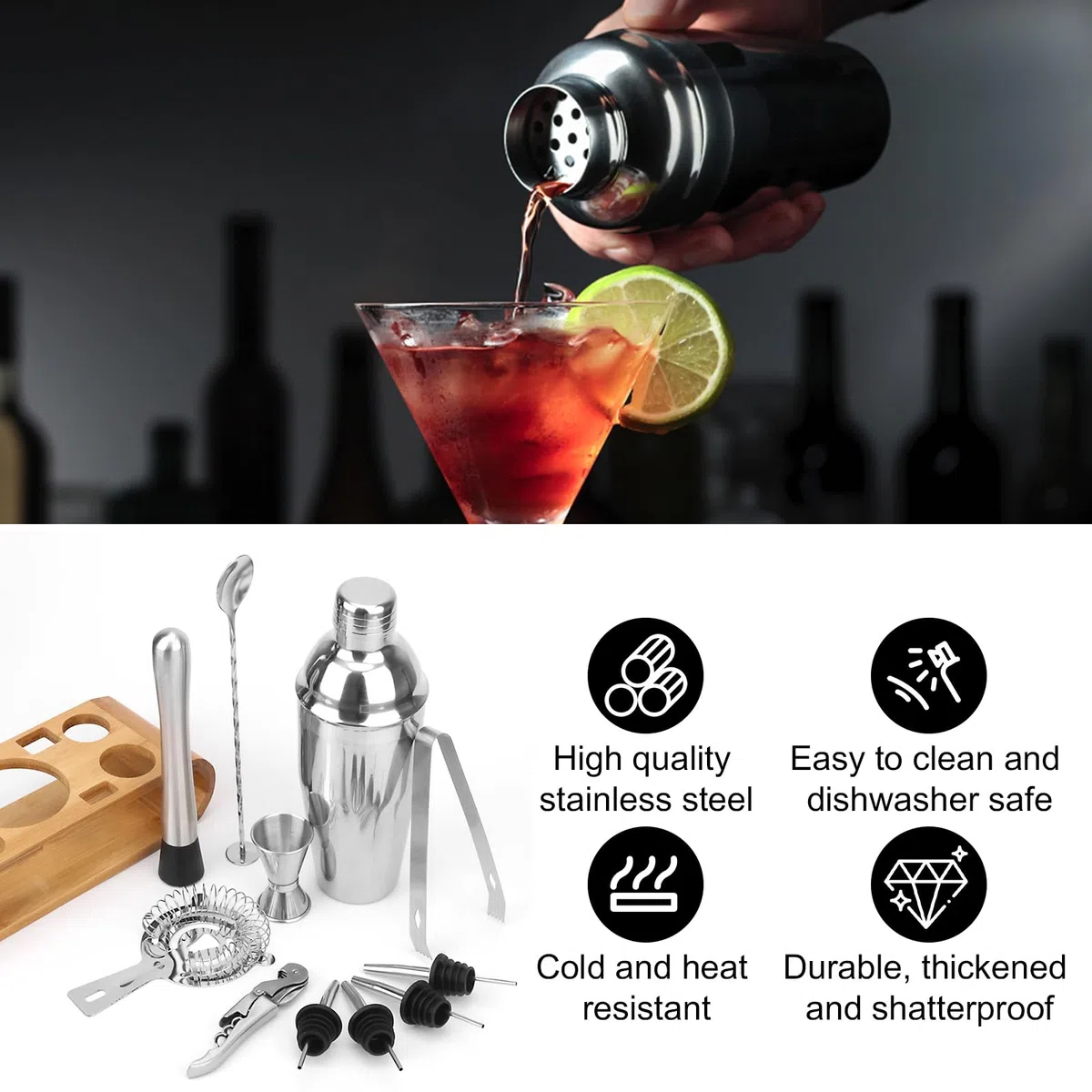 12 Piezas Juego de Coctelera, Cocktail Kit Acero Inoxidable con Accesorios de Bar, Kit Coctelería 750 Ml para Cócteles, Juego De Barman Todo En Uno para Casa O Bar