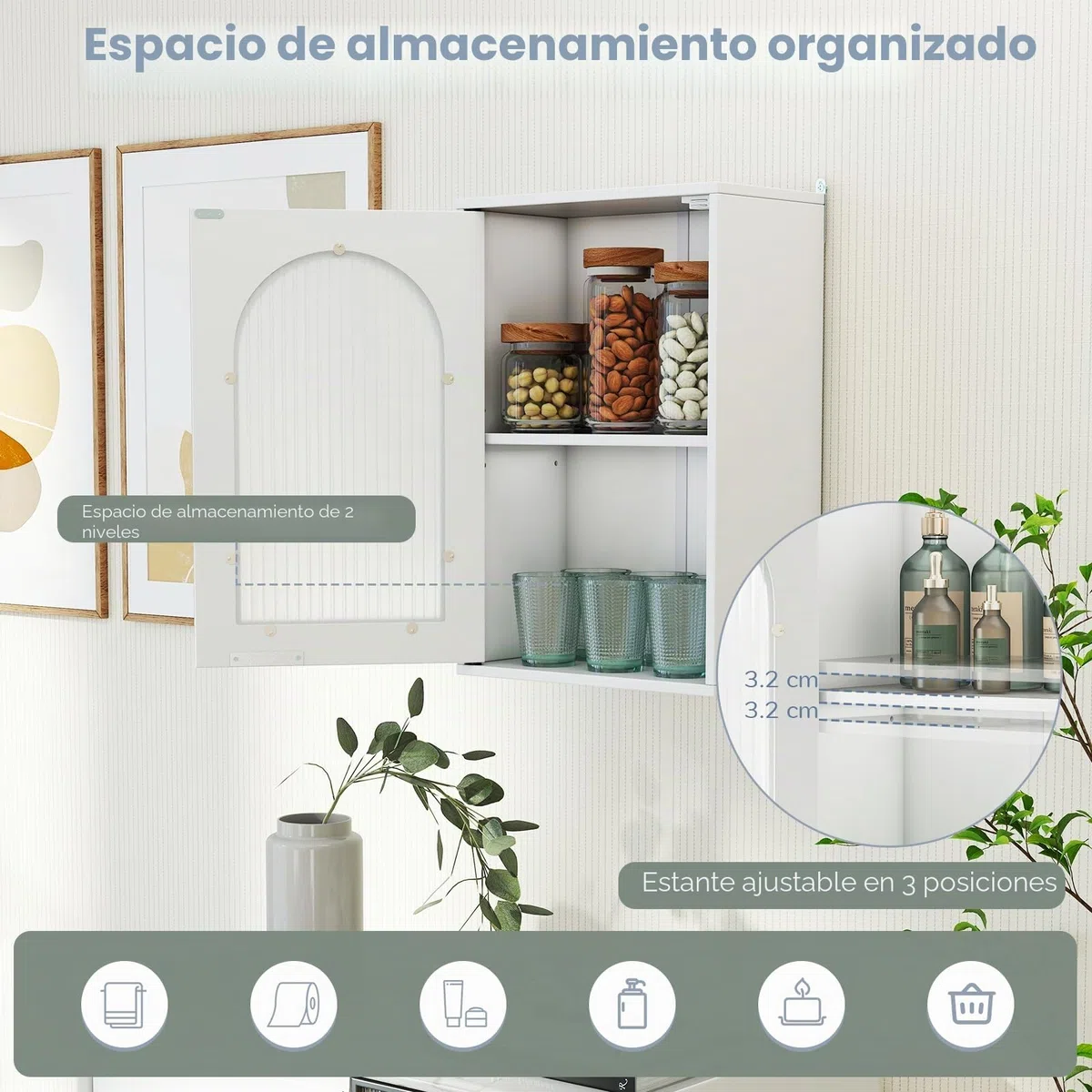 LIFEZEAL Mueble de baño de pared, mueble de cocina de pared, mueble colgante con puerta de cristal, estante ajustable, armario, armario, blanco, salvasapcio, moderno, de madera, 35 x 20 x 52,5 cm