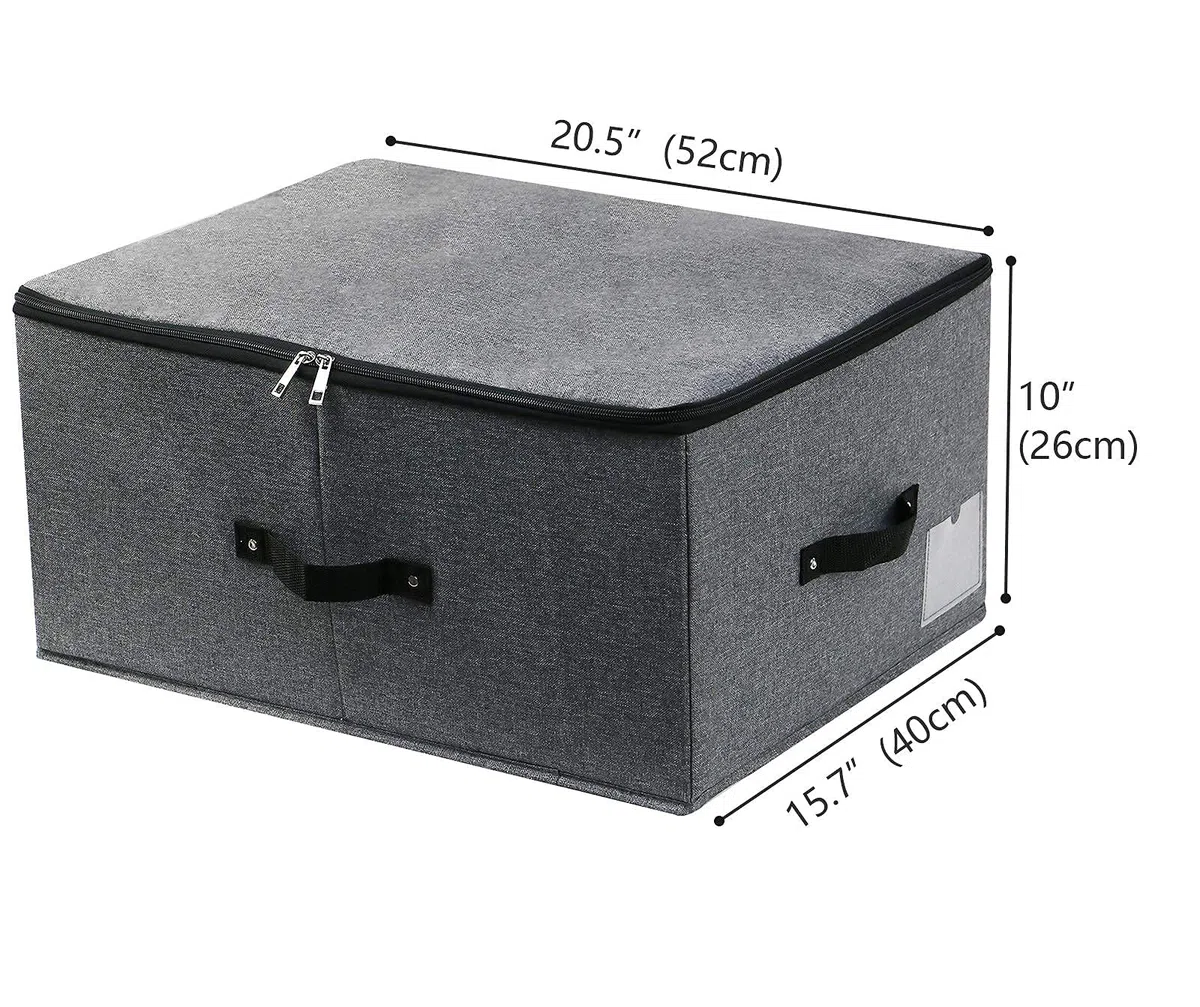 Cubo de Almacenamiento Plegable con Tablero Divisor, 4 Asas, Tapa con Cremallera Mantas Ropa Colcha Caja de Almacenamiento para Dormitorio Armario Estante de Armario, 52x40x26cm, Negro Gris