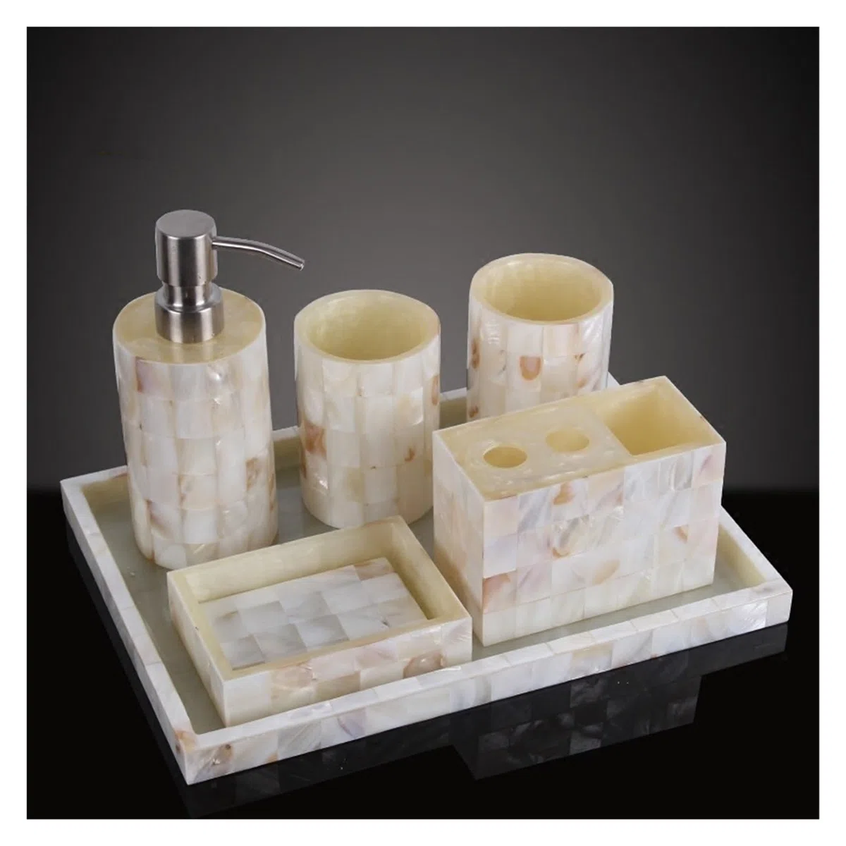 Set Dispensador Jabon Baño Juego de cinco piezas de accesorios de baño de resina con forma de concha, herramientas de lavado, dispensador de jabón, vaso for gárgaras, soporte for cepillo de dientes, j