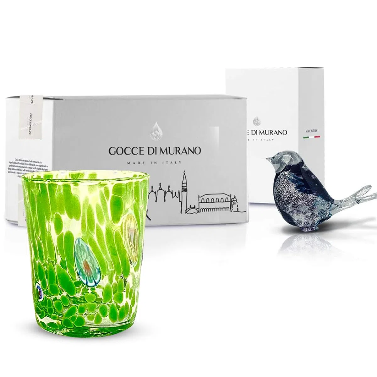 Gocce di Murano Un vaso de lluvia arco iris de cristal de Murano soplado 300 ml hecho a mano colorido paquete 2 copas de agua elegante y precioso (verde, 2)