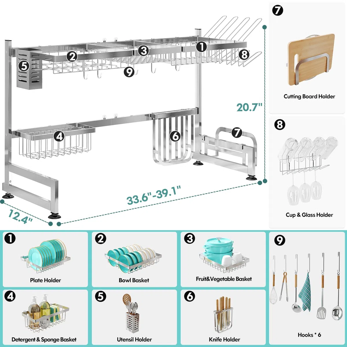 MAJALiS Escurridor de platos sobre el fregadero, 2 niveles de acero inoxidable, longitud ajustable (33.5-40 pulgadas), estante escurridor expandible con organizadores multifuncionales, plateado