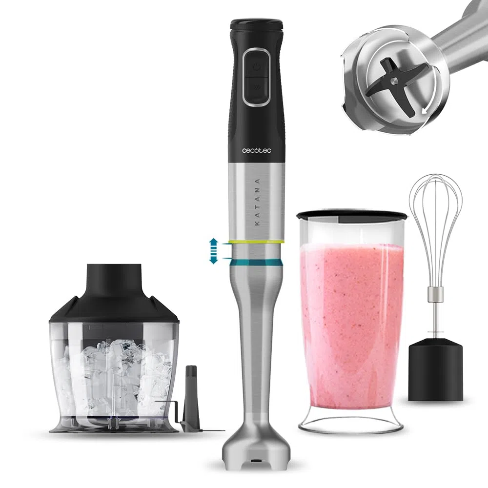 Cecotec Batidora de Mano Katana 12 Chop B. 1200 W, 21 Velocidades y Turbo, 4 Hojas con Titanio Negro, Campana antisalpicaduras, Pie extralargo, Vaso 800 ml, Kit de accesorios