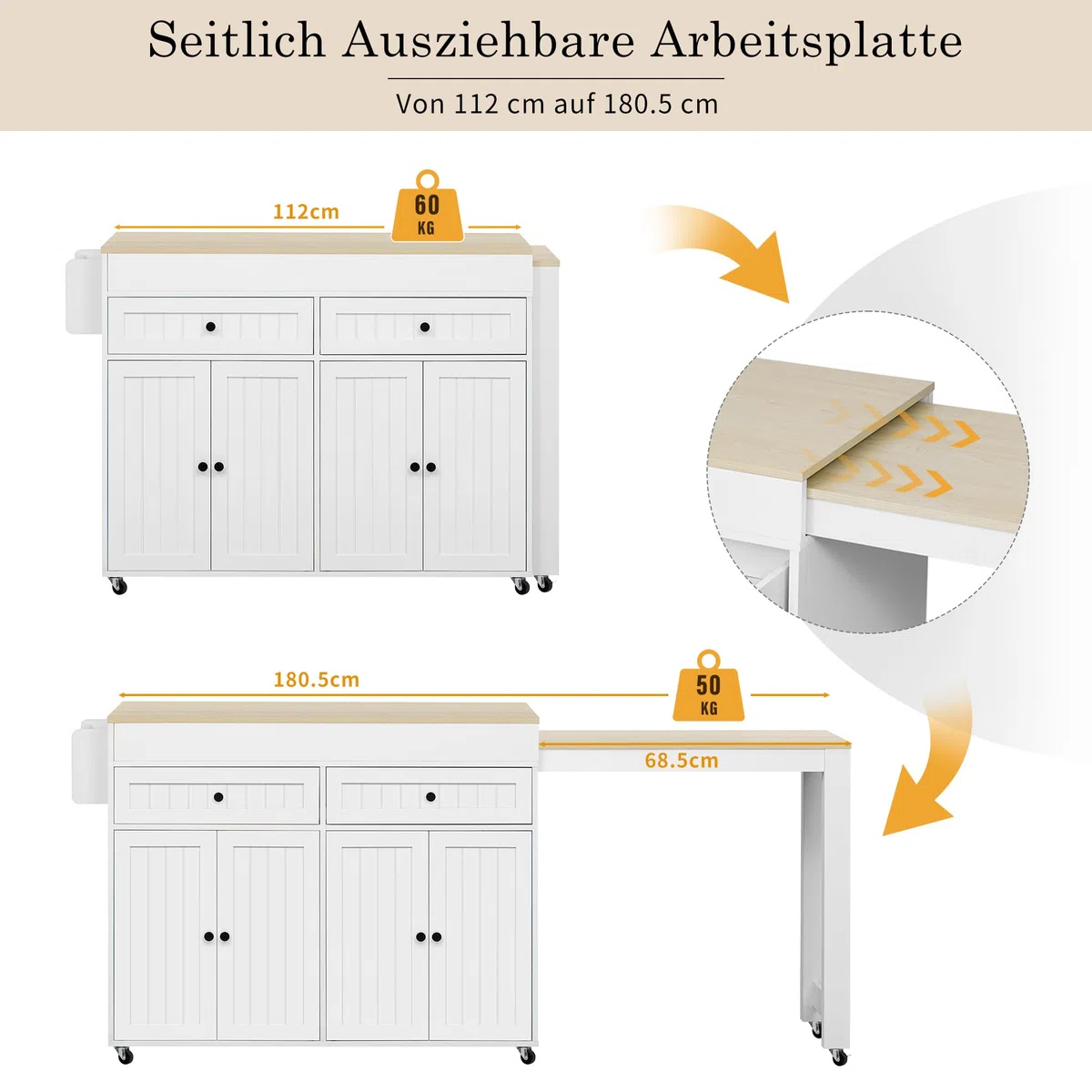 Merax Isla de cocina ultramoderna con espacio de almacenamiento, mesa de bar extensible con encimera, isla de cocina con ruedas, 2 cajones, 2 armarios y estante para especias, carrito de cocina móvil