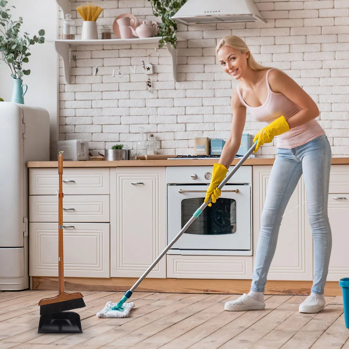 Recogedor con Mango Largo de Madera y Pelo de Cola de Caballo | Escoba de Interior, Boca Ancha, para Limpieza Exterior y Cocina, Cepillo de Barrido para Suelos