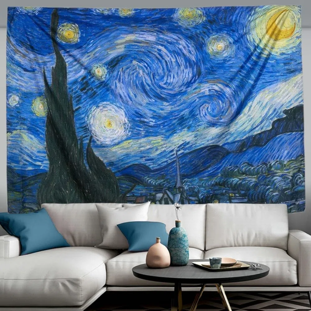 IcosaMro Tapiz de noche estrellada para colgar en la pared, tapiz de pared de Van Gogh Art [60 x 82.7 pulgadas] [dobladillos doblados] - Mantel de manta de estrella para dormitorio, universidad, sala
