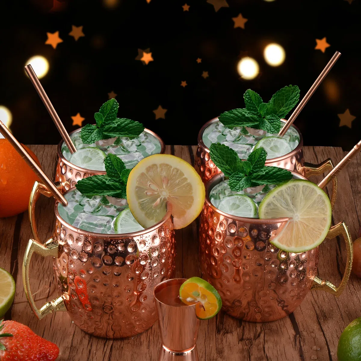 Yoassi 4 SETS 530ml Moscow Mule Tazas de Cobre Moscú Copas de Cóctel Martillado Hecho a Mano, con 4 Posavasos, 4 Pajitas, 1 Cepillo de Limpieza, 1 Taza Medidora, 1 Caja Elegante de Regalo