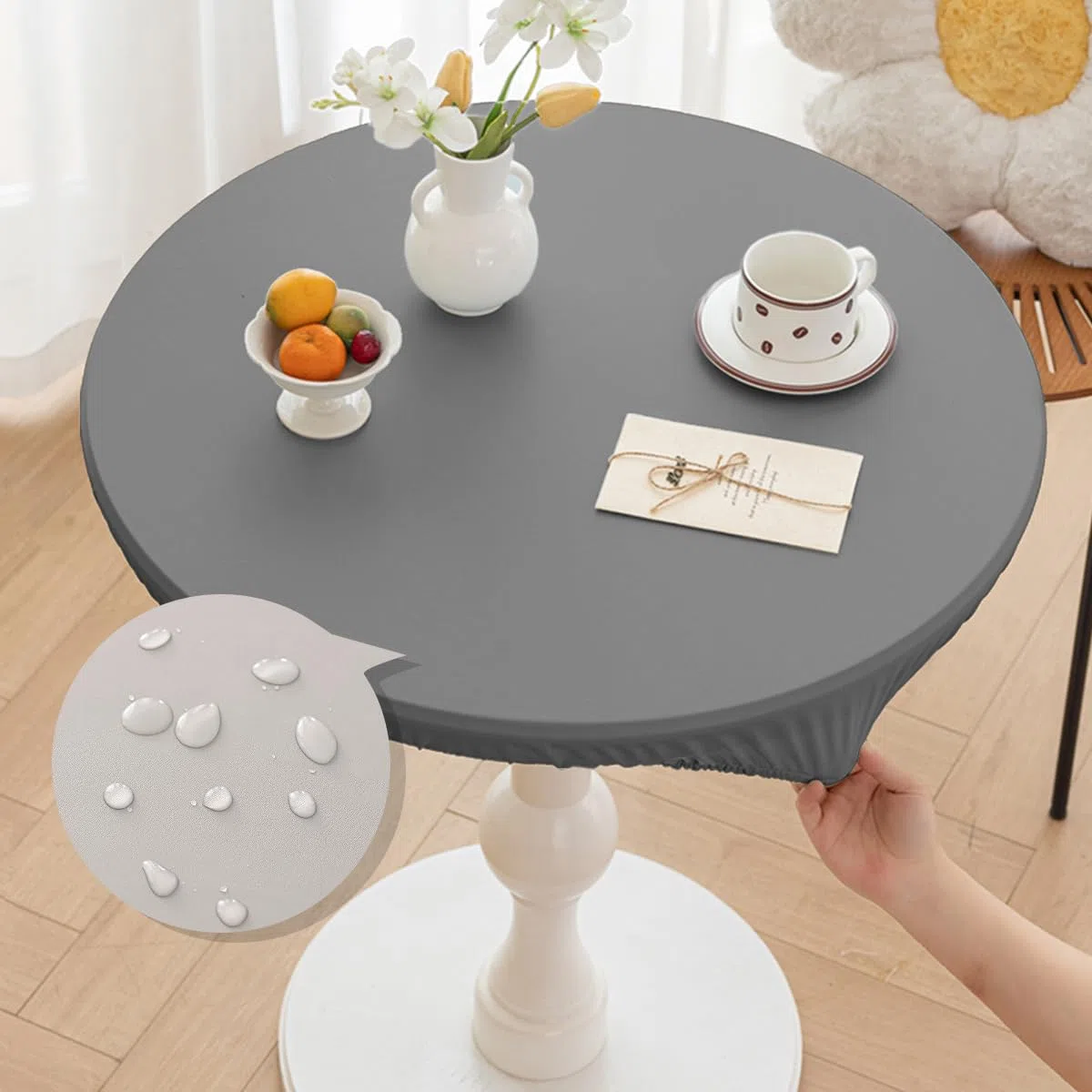Morbuy Mantel Antimanchas Redondo 130 cm, PU Cuero Impermeables Manteles de Mesa, Elastico Ajustable Gris Manteles para Hogar Cocina Comedor Jardín Café(para Mesa 110-120cm)