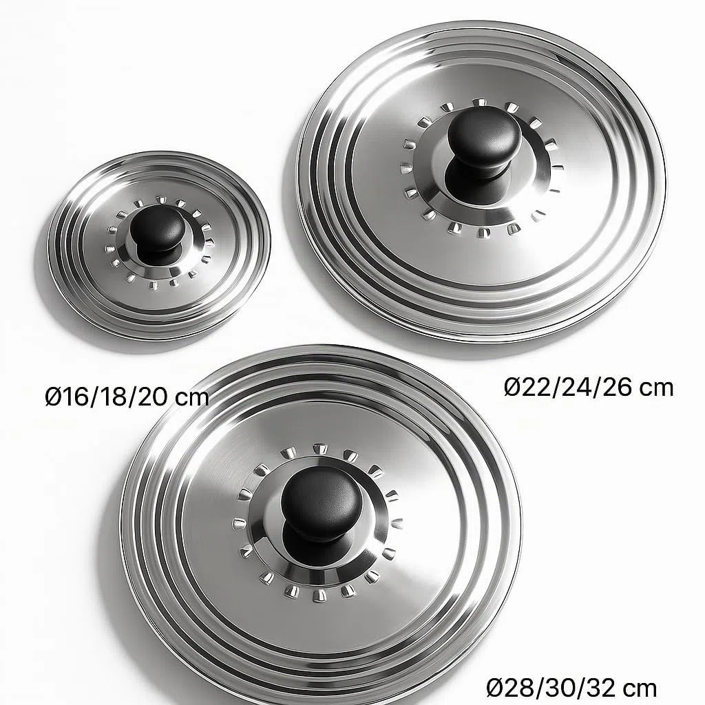 Lote de 3 tapas de acero inoxidable antigrasa o antiproyección Ø16/18/20 – Ø22/24/26 – Ø28/30/32 cm, todos los diámetros necesarios Tapas para ollas y sartenes, Tapa cacerola, Tapa Poele