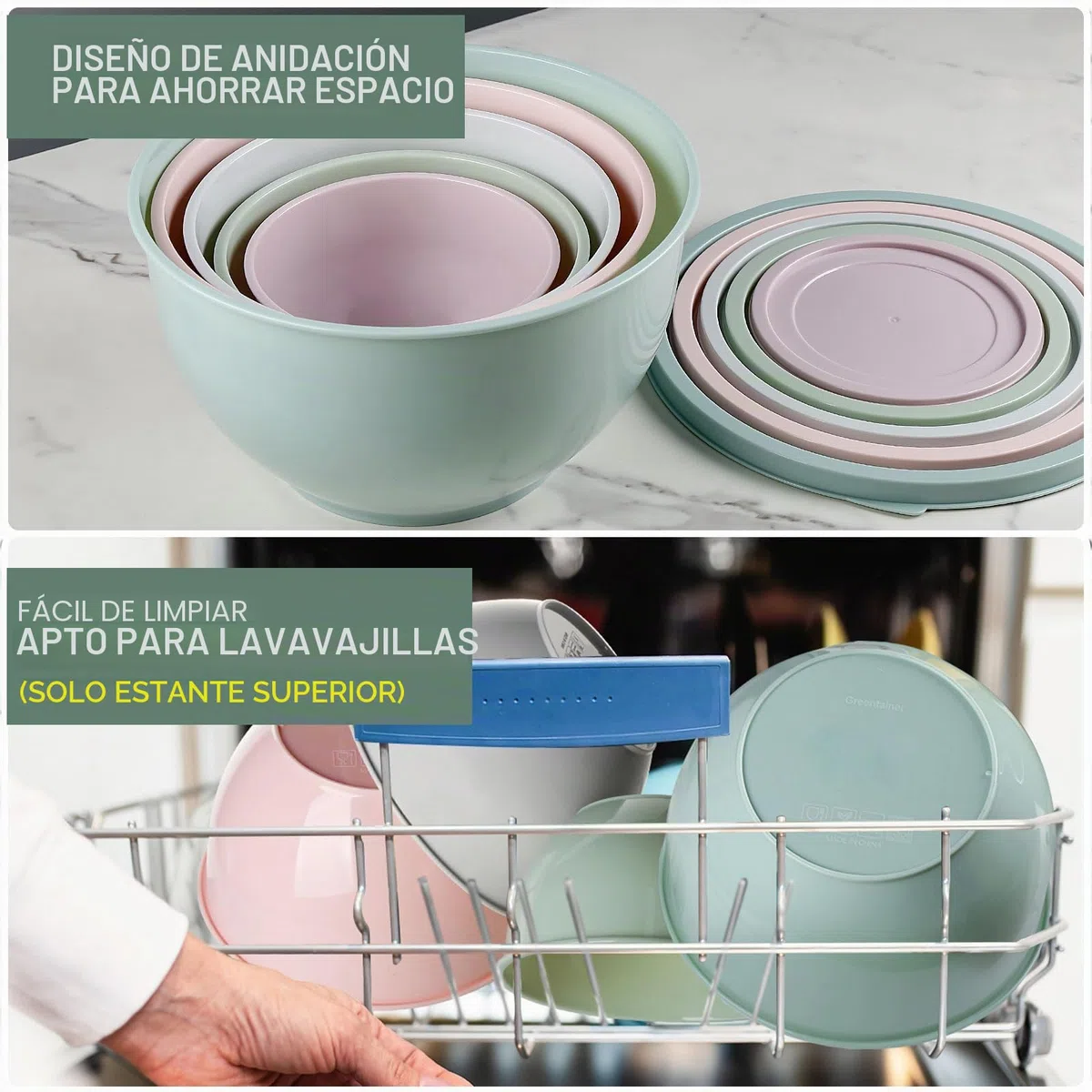 Greentainer Juego de 5 Cuencos Plástico para Mezclar con Tapas, 0.8L-4.7L, Apilables y Anidables, Sin BPA, Apto Lavavajillas y Microondas, para Frigorífico y Congelador, Multiusos Cocina（gris y rosa）