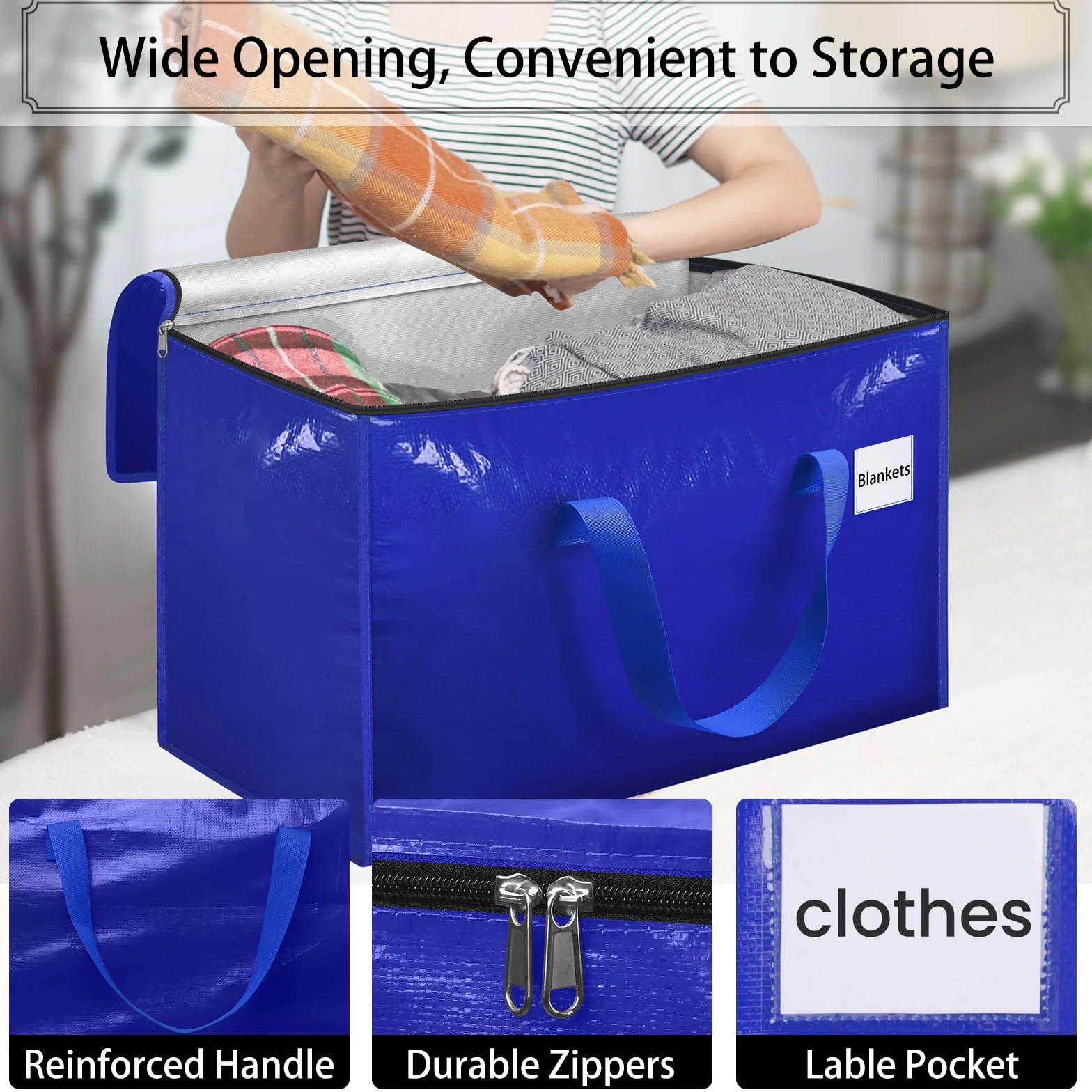 Withosent 100L Grande Bolsa de Almacenamiento, 2 Piezas Impermeable Bolsas de Mudanza con Cremallera y Asa, Bolsas para Guardar Ropa Edredones, Alternativa a Las Cajas de Mudanza, Azul