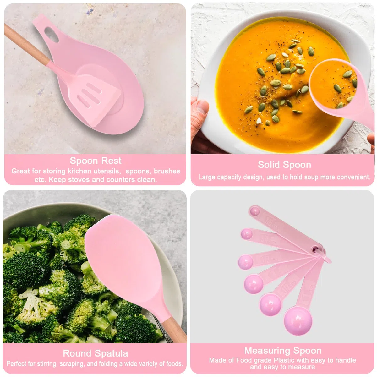Utensilios Cocina de Silicona, 29 piezas juego de utensilios de cocina de silicona de con soporte para utensilios, mango de madera antiadherente resistente al calor (Rosa)