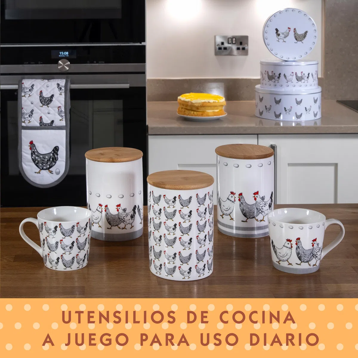 SPOTTED DOG GIFT COMPANY Juego de 3 Latas Almacenamiento para Tartas Redondas, Cajas para Galletas y Pasteles de Metal, Apilables Herméticos, Pequeño 20x9, Mediano 22x10, Grande 25x11cm - Gallinas