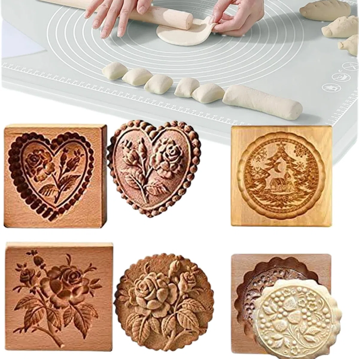 Moldes de madera para galletas con patrones tallados en 3D, 4 unidades, sellos de galletas antiadherentes, moldes reutilizables para hornear, 3, 9