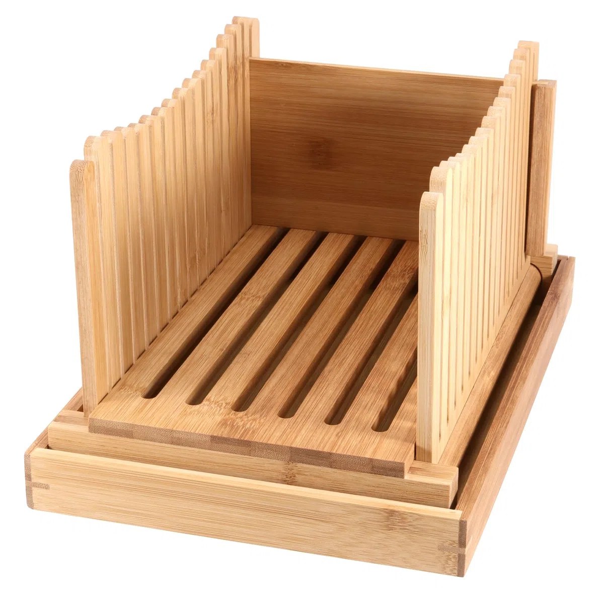 Cortador de pan de bambú, guía ajustable y plegable, bandeja para migas, rebanadoras de madera para pan casero, 31,7 x 23,7 x 19 cm