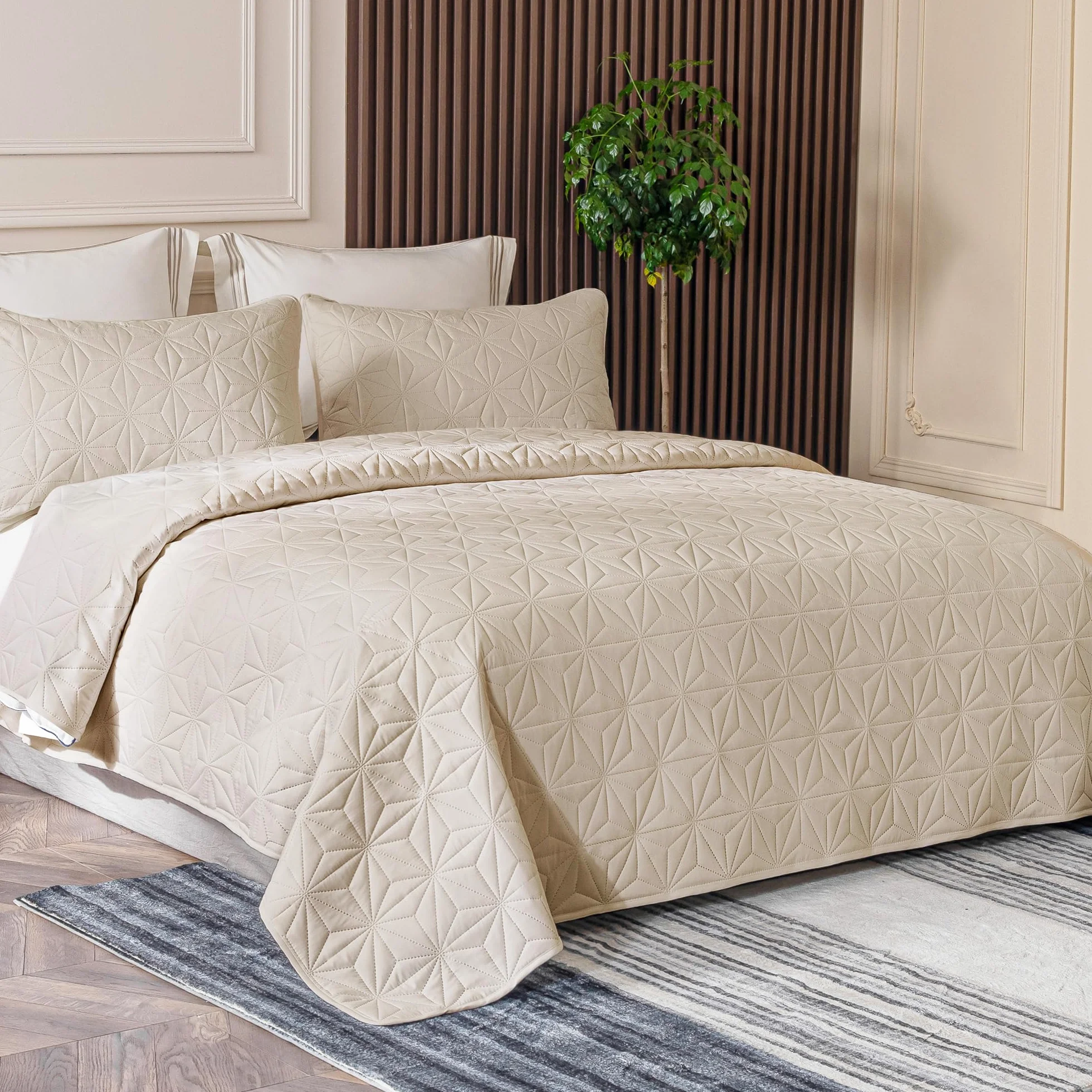 Whale Flotilla Colcha Bouti para Cama 220 x 240 cm, con 2 Fundas de Almohada, Colcha para Suave y Ligera con Diseño Geométrico para 4 Estaciones, Beige